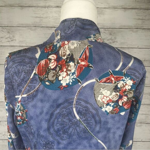 Citron Santa Monica Smoke Blue Floral Open Front Silk Jacket Size Medium Petite - Picture 4 of 8